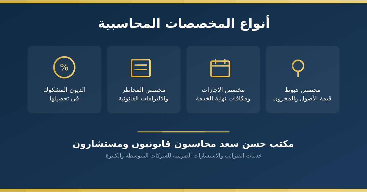 رسم توضيحي لأنواع المخصصات المحاسبية: الديون المشكوك فيها، المخاطر القانونية، الإجازات، هبوط قيمة الأصول