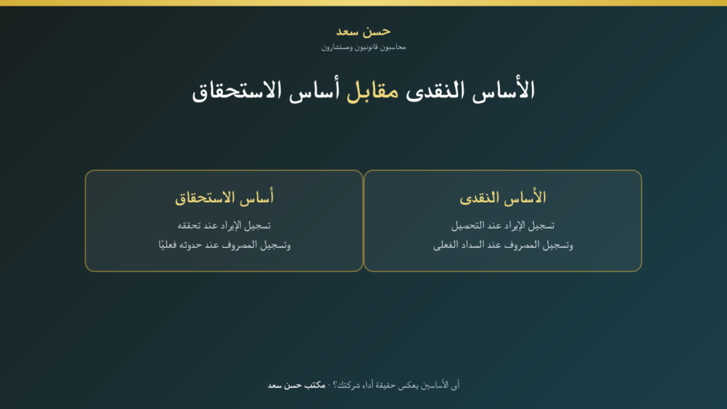 مقارنة عملية بين المحاسبة على الأساس النقدى والمحاسبة على أساس الاستحقاق مع أمثلة تطبيقية – مكتب حسن سعد