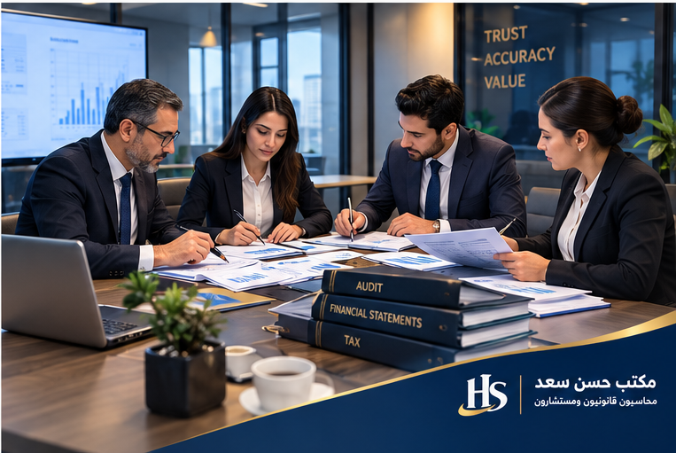 فريق مكتب حسن سعد للمحاسبة والمراجعة أثناء اجتماع فحص حسابات القوائم المالية لإحدى الشركات